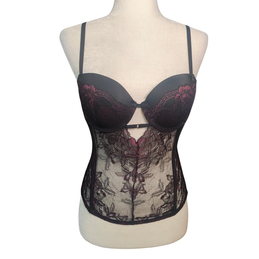 La Senza Black Burgundy Lace Mesh Corset Bustier Underwire Witchy Whimsigoth - M